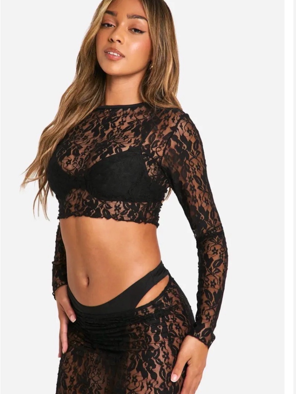 Sheer Lace Long-Sleeve Crop Top & Skirt